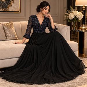 <b>Black</b> Floral Embroidered <b>Evening</b> <b>Dress</b> | V-Neck <b>Long</b> <b>Sleeve</b> Tiered A-Line Floor Length Gown with Sheer Bodice for Formal Events - Product Image 3