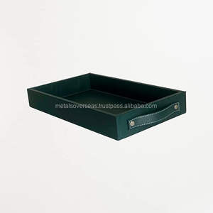 Bandeja de servicio rectangular de polipiel verde oscuro con asas laterales curvas Bandeja de servicio decorativa moderna - Product Image 5