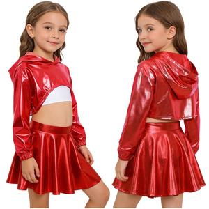 ชุดเต้นฮิปฮอปแจ๊สสำหรับเด็กผู้หญิงอายุ 6-16 ปี เสื้อฮู้ดดี้เมทัลลิกพร้อมเสื้อกั๊กและกระโปรง สำหรับการเรียน การแสดง และการฝึกซ้อมเต้น - Product Image 2