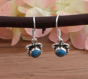 Boucles d'oreilles pendantes de luxe faites à la main en argent sterling et turquoise cuivre bleu naturel pour femmes - Cadeau de mariage et de fête - Product Image 4