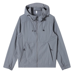 Unisex Hooded Color Blocking Windbreaker <b>Jacket</b> Breathable <b>Lightweight</b> <b>Summer</b> Casual Zipper Front Loose Fit White Gray Polyester - Product Image 5
