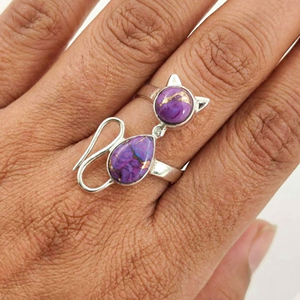 แหวนแมวสีม่วงเทอร์ควอยซ์ เงินแท้ 925 ประดับแบบ Bezel Setting สไตล์โบฮีเมียน ทำด้วยมือ สำหรับผู้หญิง สาวๆ ของขวัญวันเกิด วันครบรอบ วันแต่งงาน - Product Image 1