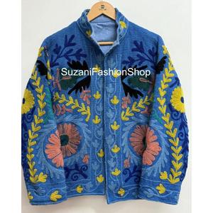 Premium Elegant Floral Embroidered Eco-Friendly Raw Velvet Unisex Suzani <b>Jacket</b> Mandarin Collar Full Sleeve <b>Winter</b> Style - Product Image 5