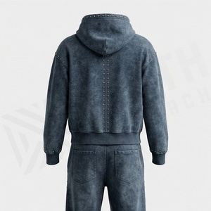 Custom <b>Distressed</b> Zip Up Customized Color Flared Sweatpants Hoodie Sets Men Streetwear Rhinestone Tracksuit Acid Wash - Product Image 2