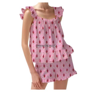 Vêtements de nuit en coton short et pyjama ensemble main bloc bande imprimé printemps/été Floral ajusté bretelles volants garniture manches PJ ensemble - Product Image 3