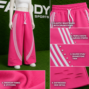 Custom Pink Rhinestone Side Stripe Wide Leg Sweatpants Distressed Baggy Hip Hop Streetwear Women Y2K Track <b>Pants</b> Joggers Trouser - Product Image 6