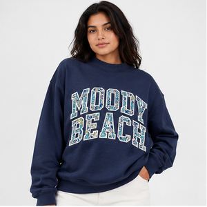 Moody Beach Letter Print Oversized Crew <b>Neck</b> Sweatshirt Applique Embroidery Sweatshirt Women Loose Fit <b>Mock</b> <b>Neck</b> Pullover - Product Image 1