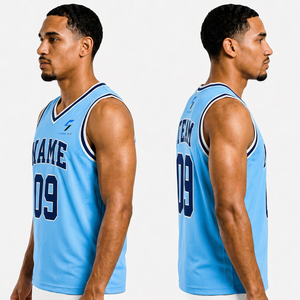 Camiseta de Baloncesto Personalizada para Hombre, Azul Claro, Cuello en V, Sin Mangas, Impresión Sublimada con Nombre y Número 09, Transpirable, Absorbe la Humedad, 100% - Product Image 5