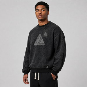 OEM <b>Vintage</b> Style Fleece Men's Winter <b>Sweatshirt</b> Applique Embroidered Pullover Acid Washed Distress <b>Oversized</b> Crewneck Hoodie - Product Image 4