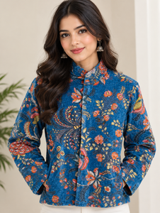 Elegant Floral <b>Velvet</b> Winter Jacket Warm Soft Cotton Lined High Neck Quilted <b>Coat</b> Statement <b>Women</b> Bohemian Outerwear - Product Image 1