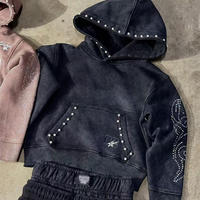 Sweat à capuche et pantalon de survêtement oversize tendance hip-hop avec double taille brodée, fermeture éclair, délavé à l'acide, strass usés, 100% automne