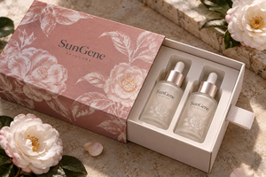 Caja de Embalaje Personalizada para Cuidado de la Piel con Diseño de Rosa y Camelia, con Doble Cajón y Cinta - Product Image 1