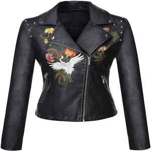 Blouson de motard en cuir PU pour femme, broderie grue et tigre au dos, col rabattu, manches longues, coupe courte - Product Image 4