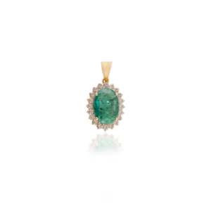 14K <b>Solid</b> <b>Gold</b> Oval Emerald Halo Diamond <b>Pendant</b> with Pear Cut Accents - Product Image 3