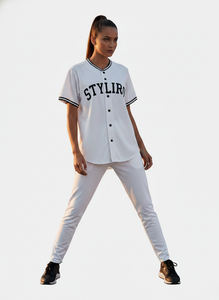 White Unisex Cotton Sweatshirt And Pants Set With Embroidered S Logo Striped Side Panels <b>Elastic</b> Waist Drawstring Closure - Product Image 3