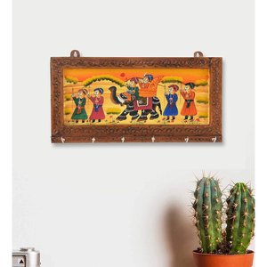 JaipurCrafts <b>Wooden</b> Rajasthani Art 6-Hook Hanging Key Holder-Decorative Home Organizer Brown - Product Image 1