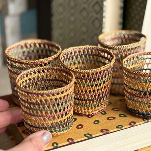 Handmade Rattan Candle Holder Vase Set Iron <b>Frame</b> Decorative Cane Weaving Rustic Boho Style for Christmas Home Decor Centerpiece - Product Image 1