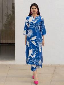 Conjunto de Vestido Casual de Algodón con Estampado Floral Azul para Mujer, Cuello en V, Manga Tres Cuartos, Corte Holgado, Estilo Midi, para Verano - Product Image 2