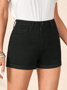 Shorts de mezclilla negros de cintura alta para mujer, color sólido, casuales, de verano, corte regular, con bolsillos, tela de algodón tejida - Product Image 3