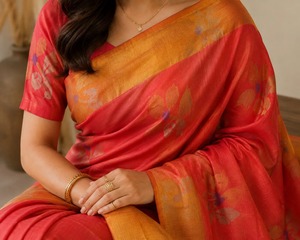 Sari en soie pure tissé à la main, motif floral rouge corail, bordure dorée Zari, sari traditionnel indien pour les fêtes et les occasions spéciales - Product Image 5