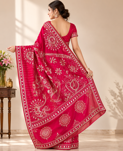 Sari traditionnel en Georgette Bandhej, bordure élégante avec travail de miroirs, tenue de mariage indienne, sari de créateur avec broderie lourde, vente en gros - Product Image 2