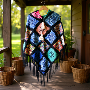 Poncho 100% Algodón Negro con Estampado de Bloques - Product Image 3