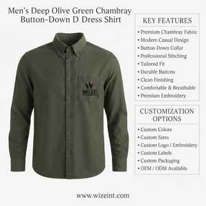 Chemise habillée à manches longues pour homme WIZE INTERNATIONAL, vert olive, col boutonné, couleur unie, style décontracté élégant, respirante, 100% coton - Product Image 6