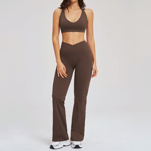 New Arrival Lightweight 2 Piece Sports Suit High Support Bra V Waist Pockets Flared <b>Pants</b> Active Wear Women Yoga Set - Product Image 3