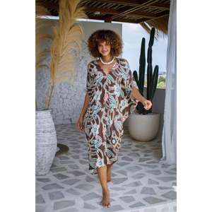 Vestido Kaftán Largo Floral Marrón para Mujer, Cuello en V, Corte Holgado, Estilo Boho, para Playa o Resort - Product Image 1