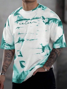 <b>Tie</b>-Dye Men's white Regular Fit Short Sleeve O-Neck Formal T-Shirt Front Logo Print 100% Cotton <b>Knitted</b> Loose Fit Oversized - Product Image 3