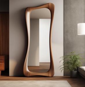 Handmade Walnut Wood Art <b>Deco</b> Eco-Friendly Wall <b>Mirror</b> with Modern Frame Design for Hotels - Product Image 1