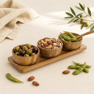 <b>Condiment</b> Set of 3 with Rectangular <b>Tray</b> Eco-Friendly Dipping Bowls for Appetizers Snacks and Sauces Wooden Tableware for Home - Product Image 2