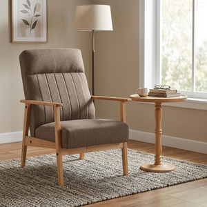 Fauteuil de salon moderne de style premium avec cadre en bois massif naturel et accoudoirs, revêtement en tissu couleur marron clair, pour salon et espace de travail - Product Image 2