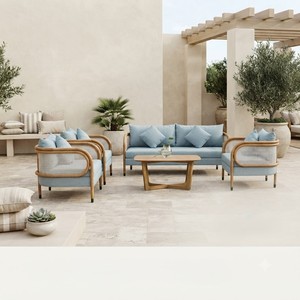 Conjunto de Sofá de Ratán Contemporáneo con Cojines Azules, Muebles de Jardín para Exteriores, Ratán de PE Resistente al Agua y a los Rayos UV - Product Image 1