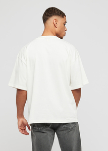 T-shirt en jersey de coton blanc surdimensionné pour homme, manches courtes, col rond, décontracté, couleur unie, tricoté, coupe ajustée - Product Image 4