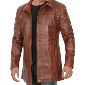 <b>Men's</b> Brown Genuine <b>Leather</b> <b>Long</b> <b>Coat</b> Turn-down Collar Single Breasted Casual Autumn Jacket - Product Image 4