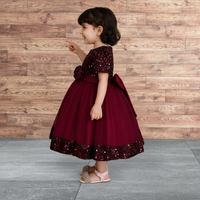 Robe de princesse de luxe pour enfants, en velours brodé de sequins bordeaux, respirante, en tulle, pour filles, idéale pour mariage, anniversaire, tenue de soirée formelle (ODM)