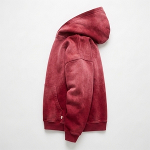 Sweat-shirt à capuche surdimensionné en coton molletonné, style vintage, rouge délavé, vente en gros - Product Image 3