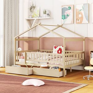 Letto a capanna in legno naturale a grandezza naturale con due cassetti per bambini - Product Image 1