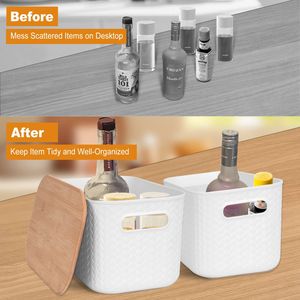 2 contenitori impilabili in plastica con coperchio in bambù, porta accessori per camera da letto, contenitori per taglieri - Product Image 2