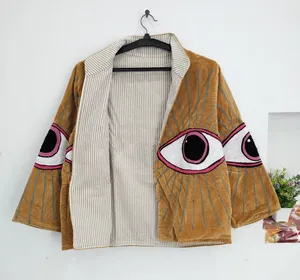 Handmade <b>Velvet</b> Mustard Eye Embroidery <b>Jacket</b> <b>Women's</b> Boho Chic Open Front Ethnic Fashion Coat - Product Image 5