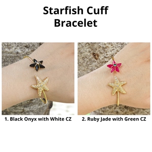 Ocean Beach Summer Jewelry 18k Gold Plated Brass Starfish Open Cuff <b>Bracelet</b> with Black Onyx <b>Ruby</b> Jade Stone Prong Set Jewelry - Product Image 5