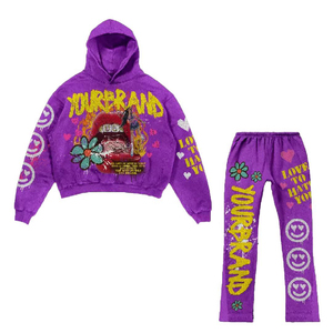 Conjunto de Sudadera con Capucha y Pantalones Acampanados de Talla Grande para Hombre, Estilo Urbano, Ropa Personalizada con Estampado de Serigrafía Intensa y Lavado Ácido - Product Image 5