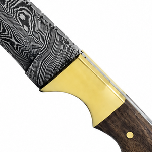 Cuchillo de Caza Premium con Patrón Damasco, Mango de Madera Marrón Oscuro, Bolster Dorado y Hoja Negra Plateada para Uso en Exteriores - Product Image 3