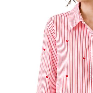 <b>Red</b> White Striped Women Button Down Shirt Long Sleeve Cotton <b>Blouse</b> Heart Embroidery Loose Fit Casual Fashion Oversized Top - Product Image 3