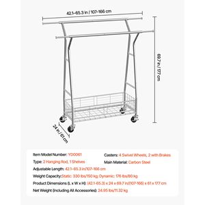 Appendiabiti su Ruote con 2 Aste Appendiabiti, Cesto Portaoggetti, Capacità di Carico 150 Kg, Estensibile in Acciaio al Carbonio - Product Image 4