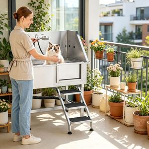 Stazione Professionale per Toelettatura Cani e Gatti, Vasca in Acciaio Inox per Uso Interno, Adatta per Cani, Gatti, Rettili, in Legno e Materiale PP - Product Image 1