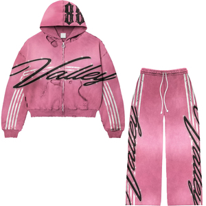 Private Label Pink Men's 2 Piece Sweat Suits Long Sleeve Y2K Rhinestone Graphic Zipper Hoodies and Flared <b>Sweatpants</b> <b>Set</b> - Product Image 6