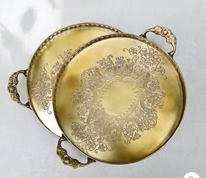 Brass Round <b>Tray</b> With Embossed Floral Design And Handles For Decorative Use - Product Image 5