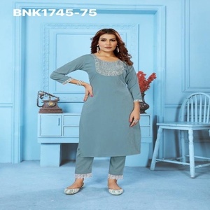 High Quality Cotton with Yoke-Embroidered Straight Long Kurti-2 Pocket Pant Pair Collection Supplier from India Woman Fashion - Product Image 1
